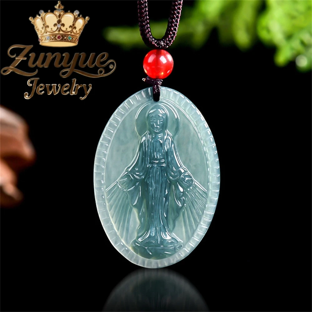 High-end natural a-grade jadeite azul água virgem maria pingente jade requintado pingente para homens e mulheres moda jóias