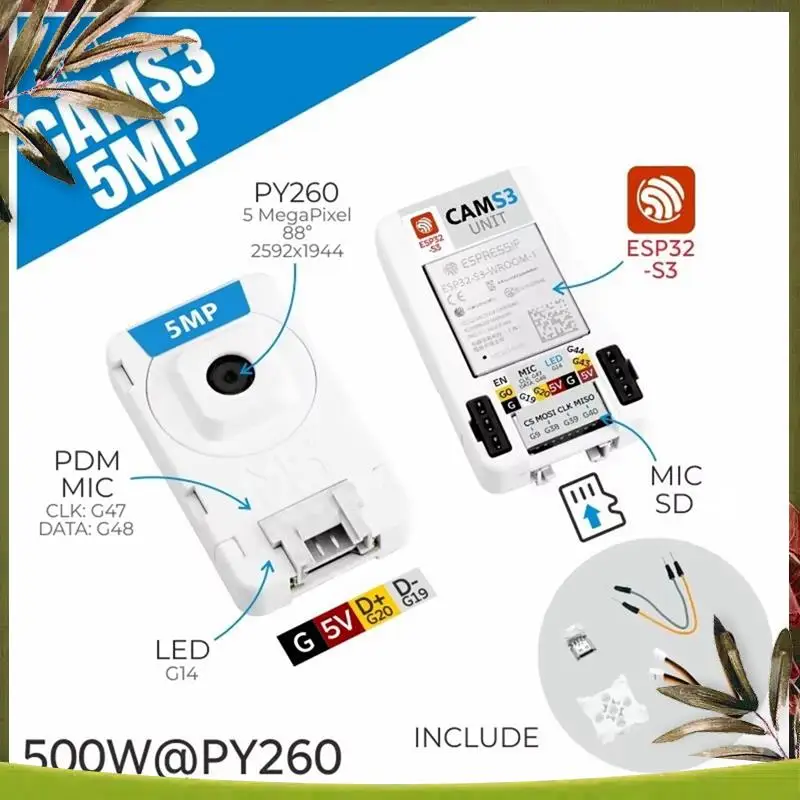 كاميرا New-Cams3 Wi-Fi وحدة 5 ميجابكسل ESP32S3 كاميرا 5 ميجابكسل (PY260) 88 °   ميكروفون PDM مدمج DFOV