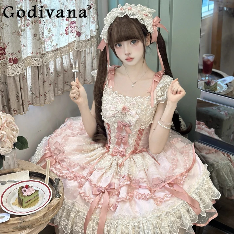 

Original Sweet Princess Lolita Birthday Cake Dresses Jsk Summer New Women's Slim-Fit Elegant Cute Bow Lace Edge Wedding Dress