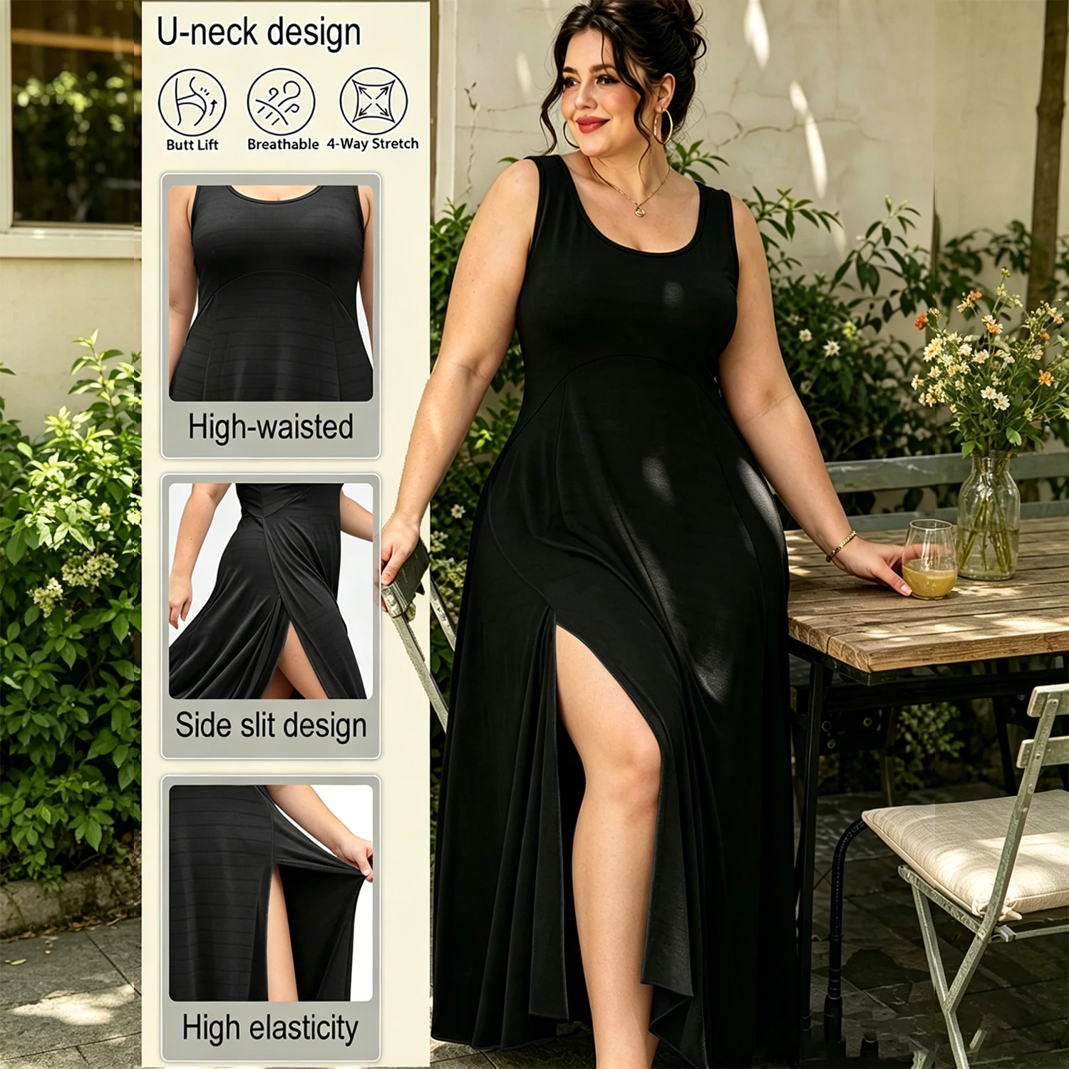 Kleid in Übergröße, U-Ausschnitt, fließendes Maxi-Freizeitkleid, ärmellose Sommerkleider, Strand- und Urlaubskleidung