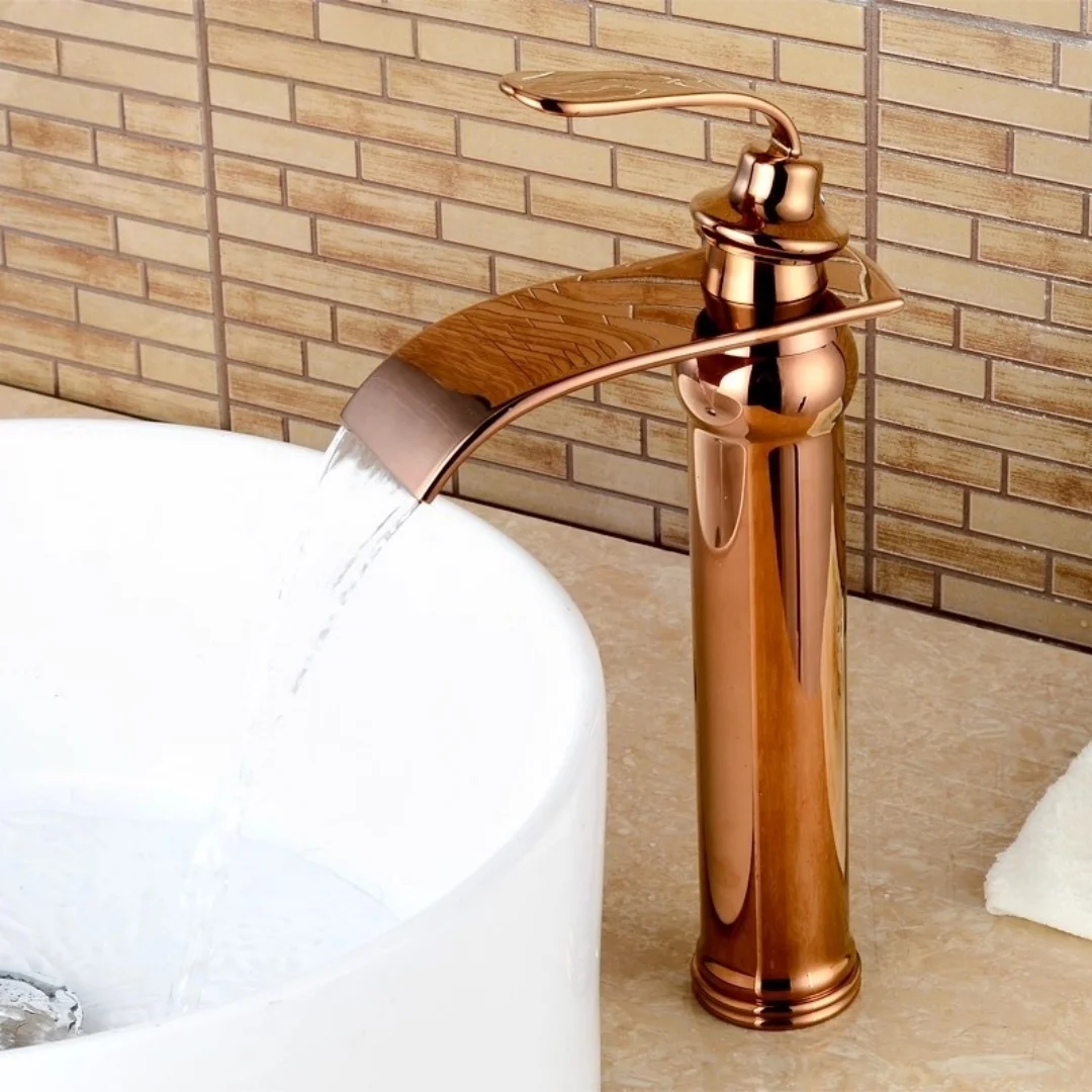 

Rose Gold Waterfall Faucet Brass Bathroom Faucet Hot and Cold Basin Faucet Mixer Tap Brass Lavotory Faucet Sink Water Crane