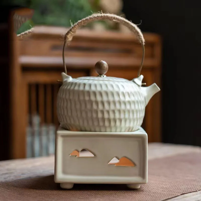 Chinese Ceramic Cream Style White 430ml Handle Teapot, Candle Tea Stove, Home Camping High-end Tea Set Accessories Tea Cup Gifts