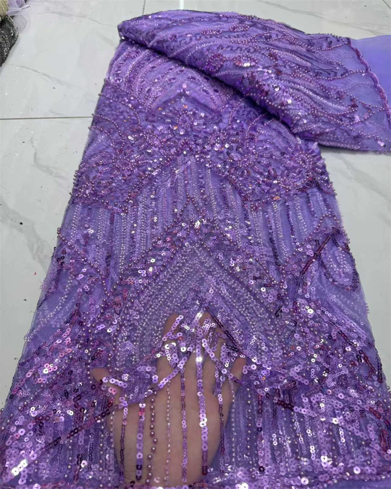 

Luxury French Embroidery Lace Fabric Beaded with Sequins for Weddings African Nigerian High-End Latest 2025 Trendy Hot Sale