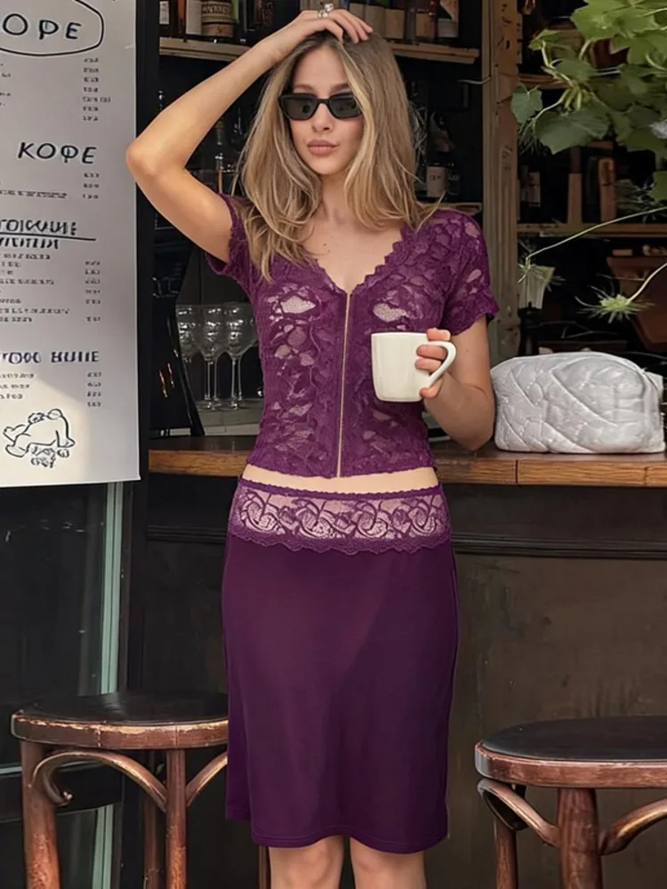 Absobe Sheer Lace Patchwork Women Mid Skirt Set V Neck Short Sleeve Top Slim Sexy Single Breasted 2 Piece Clubwear Summer Outfit