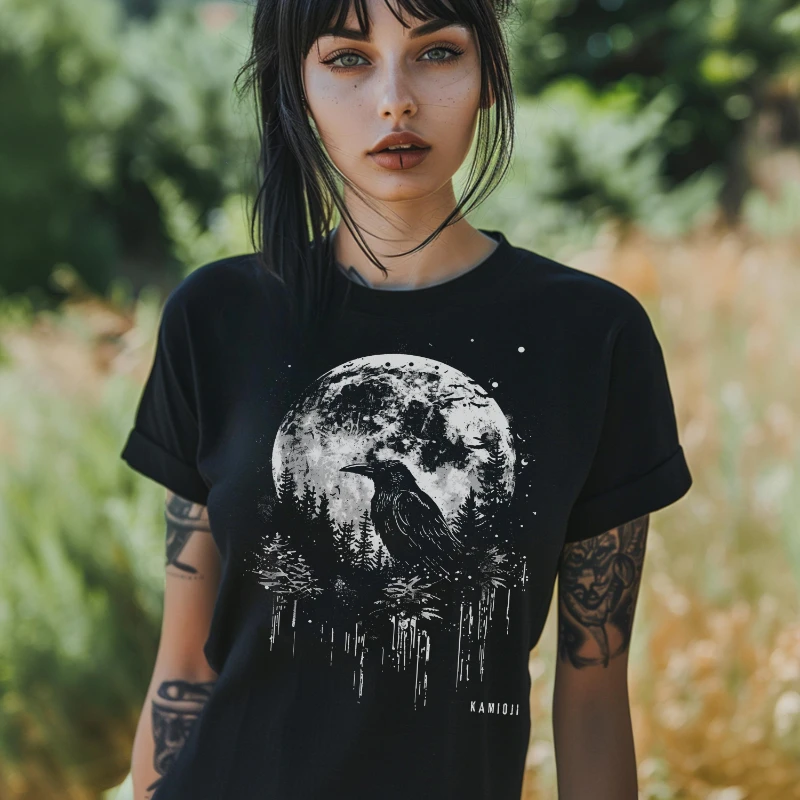 Summer Hot Selling Celestial Crow Women's Round Neck Short Sleeved T-shirt: Gothic Moon and Forest Crow, Witchy Alt Clothing