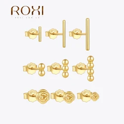 ROXI 925 Sterling Silver Smooth Column/Rose Flower/ball 3Pcs Earrings For Women Korean Gold/Silver Piercing Party Jewelry Gifts