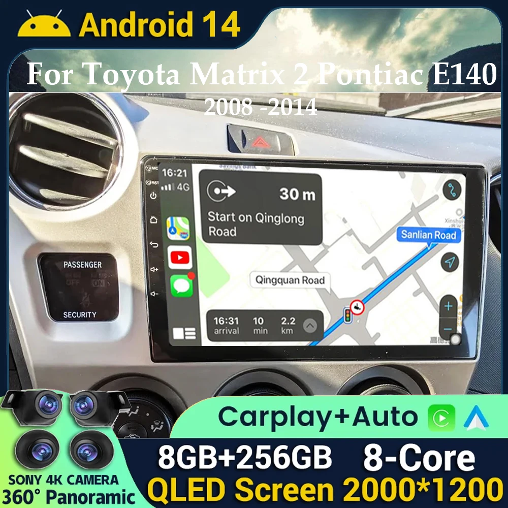 Android 14 Carplay Auto Car Radio For Toyota Matrix 2 E140 2008 2009 2010 2011 2012 2013 2014 Multimedia Player Navigation GPS