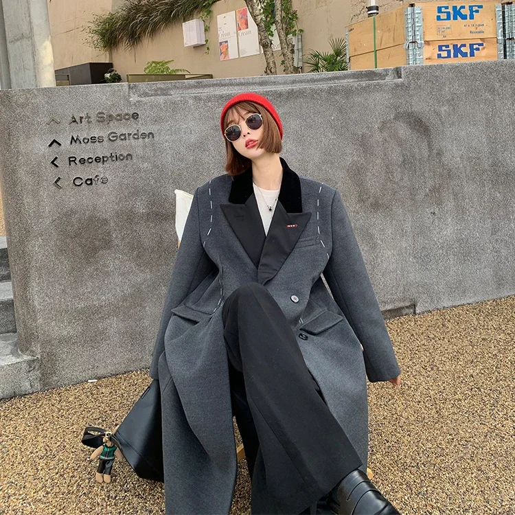 Woolen Coat Women 2024 Winter Grey Loose Patchwork Lapel Long Style Woollen Jackets High Fashion Outerwear