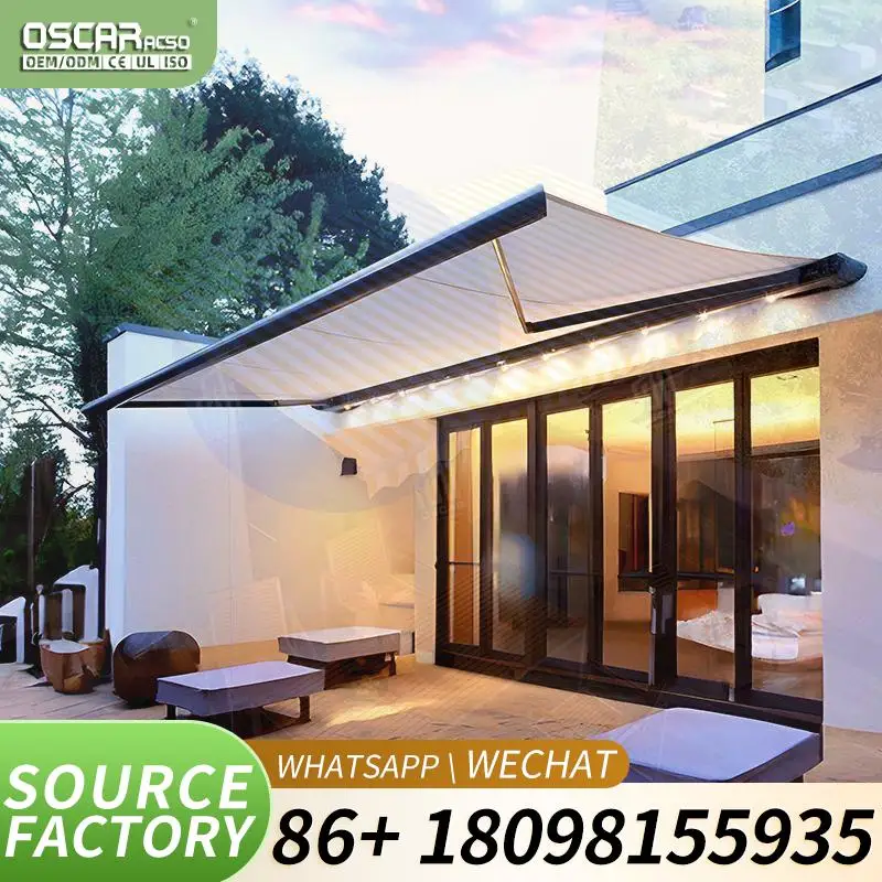 Outdoor Modern Motorized Awning with LED Light Retractable PVC Roof Custom Sizes for Patio Garden Balcony  Retractable Awning