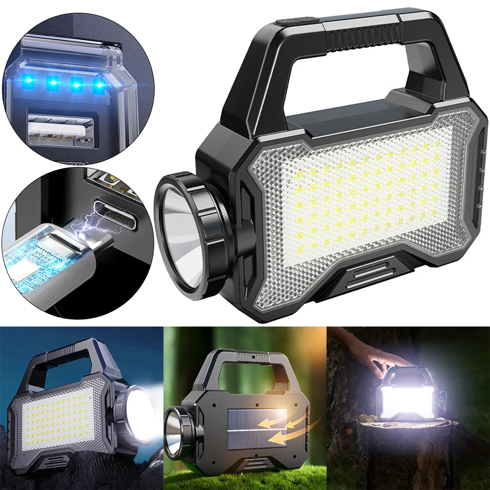 Solar Camping Lantern Type C Rechargeable Outdoor Camping Searchlight Waterproof Portable Lantern Lamp COB for Outdoor Emergency