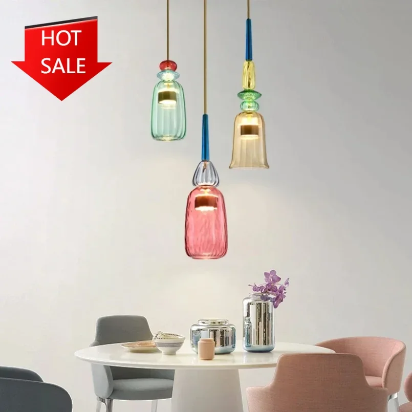 Modern Led Colorful Glass Pendant Lights for Kitchen Dining Room Island Restaurant Hanging Lamp Ceiling Chandeliers Decoration