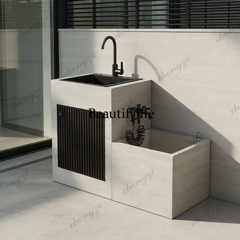 H134 A74 rock slab outdoor courtyard sink with mop pool integrated basin custom villa outdoor balcony column basin