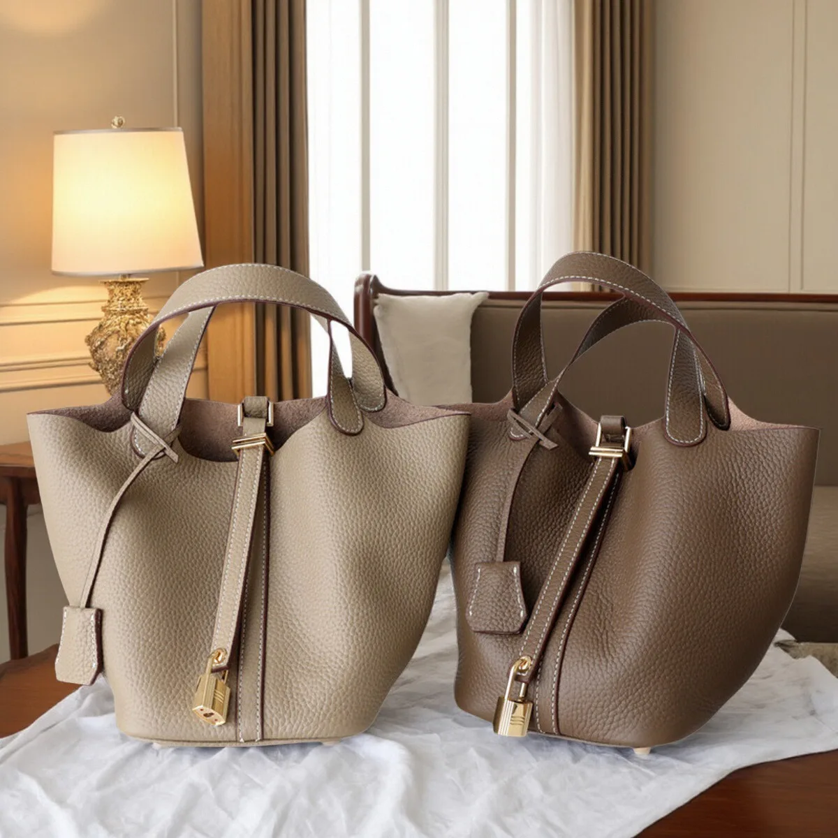 

Top Layer Cowhide Leather Buet Handbag Women's Bag Litchi ain Pattern Vegetable Basket Handheld Mommy Bag Casual Sle