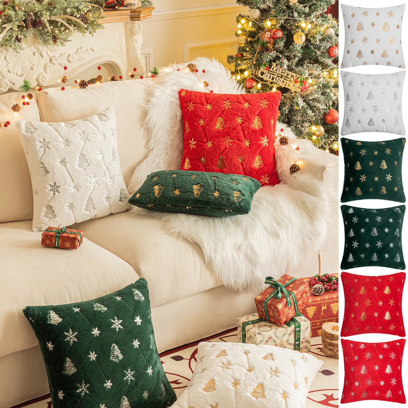 Square Sequin Christmas Throw Pillow Cases Christmas Tree Snowflake Shaggy Plush Pillowcases Sofa Cushion Covers Home Decor