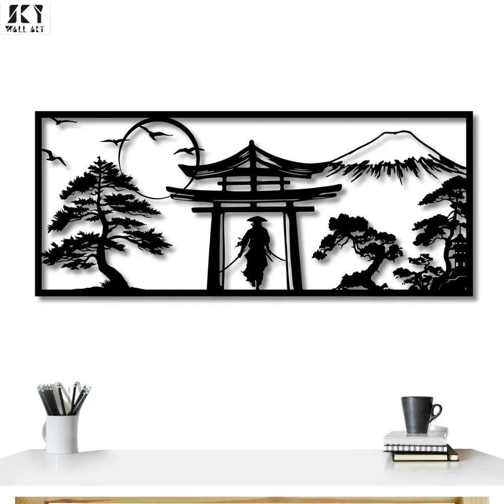 CIFBUY Japanese Theme Metal Wall Art Iron Decor Torii Mount Fuji Bonsai Sculpture Rust Proof Waterproof For Indoor Outdoor Livin