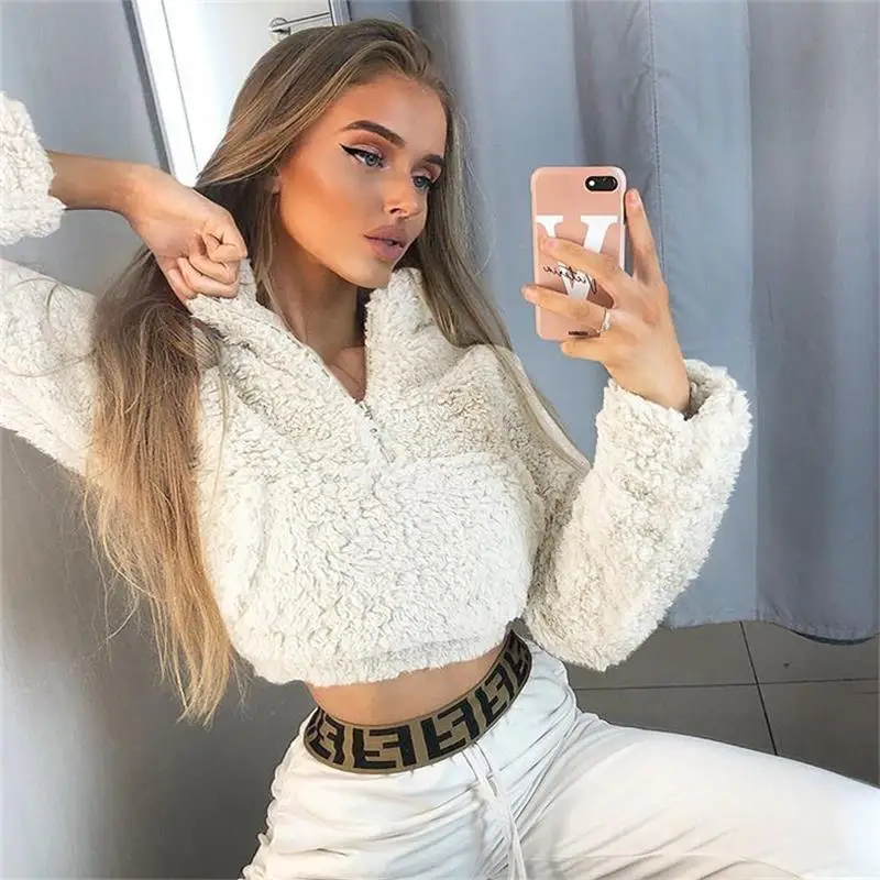 

Shestyle 2023 Autumn Winter Teddy Faux Fur Hoodies Women Zipper Pockets Turtleneck Casual Loose Female Crop Tops Sweatshirts