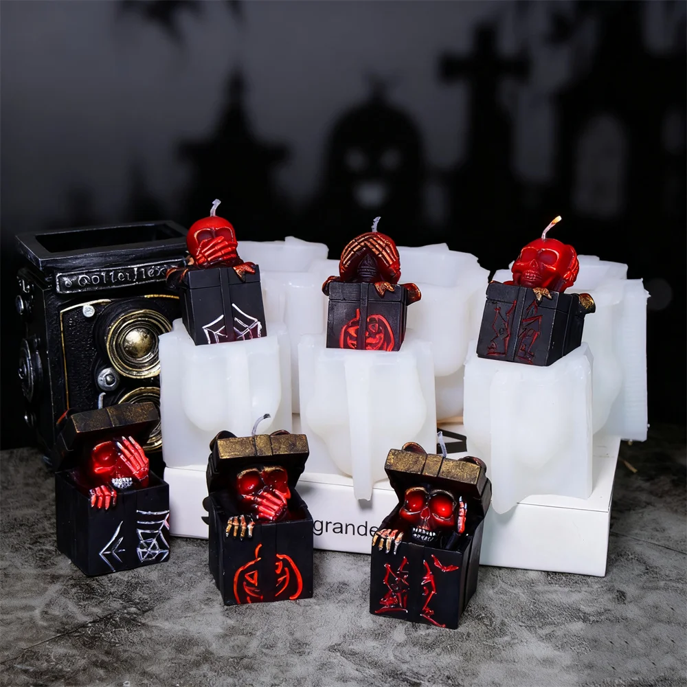 DIY Totenkopf-Geschenkbox Kerzenform 3D Totenkopf-Silikonform No Say Look Listen Gotischer Totenkopf-Harzform Halloween-Kunstdekoration