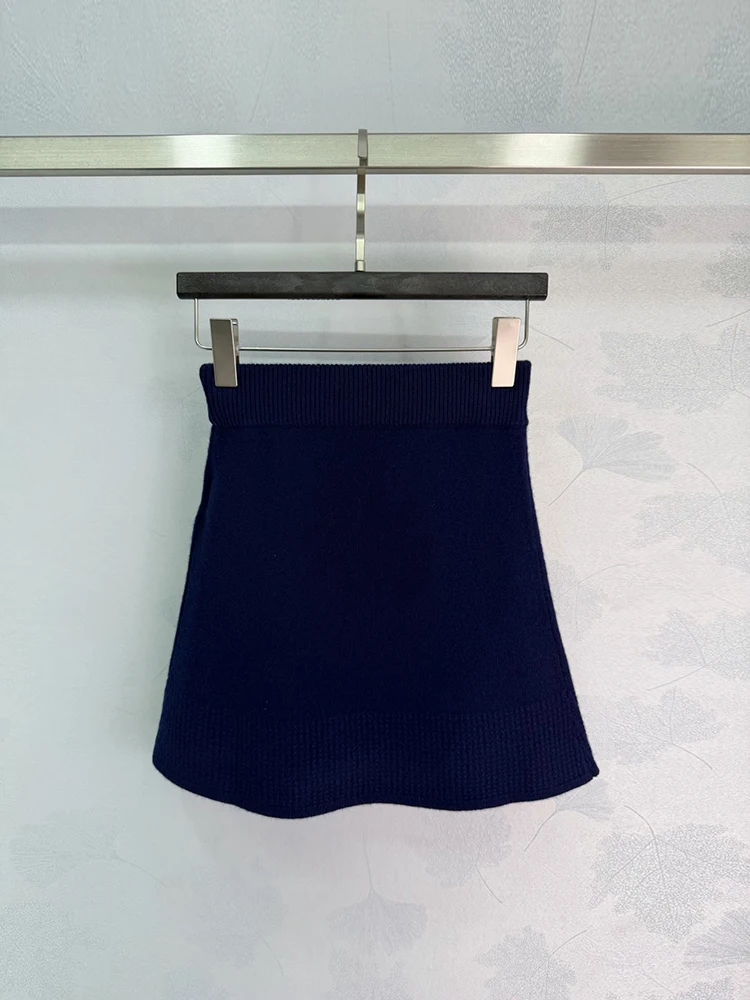 Summer Fashion Navy Blue Color Vintage Wool Knitting Mini Skirt Women's Solid Color Elastic Waist Slim A-Line Short Skirt