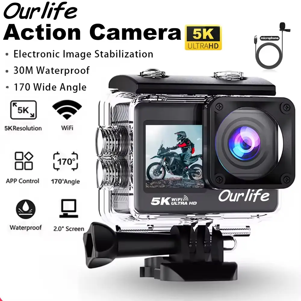 Câmera de ação Ourlife 5K 4K60FPS com tela sensível ao toque de 2,0 polegadas WiFi 170 ° Câmeras esportivas de motocicletas de bicicleta à prova d'água de grande angular 30M