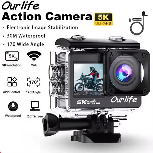 Imagen 1 del producto Cámara de acción Ourlife 5K 4K60FPS Pantalla táctil de 2,0 pulgadas WiFi 170 ° Cámaras deportivas de motocicletas de bicicleta impermeables de gran angular 30M