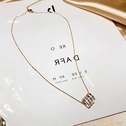 Cylinder Zircon Lucky Pendant Necklaces For Women Female Sweet Wedding Jewelry Ladies Stainless Steel Clavicle Chain Drop Ship