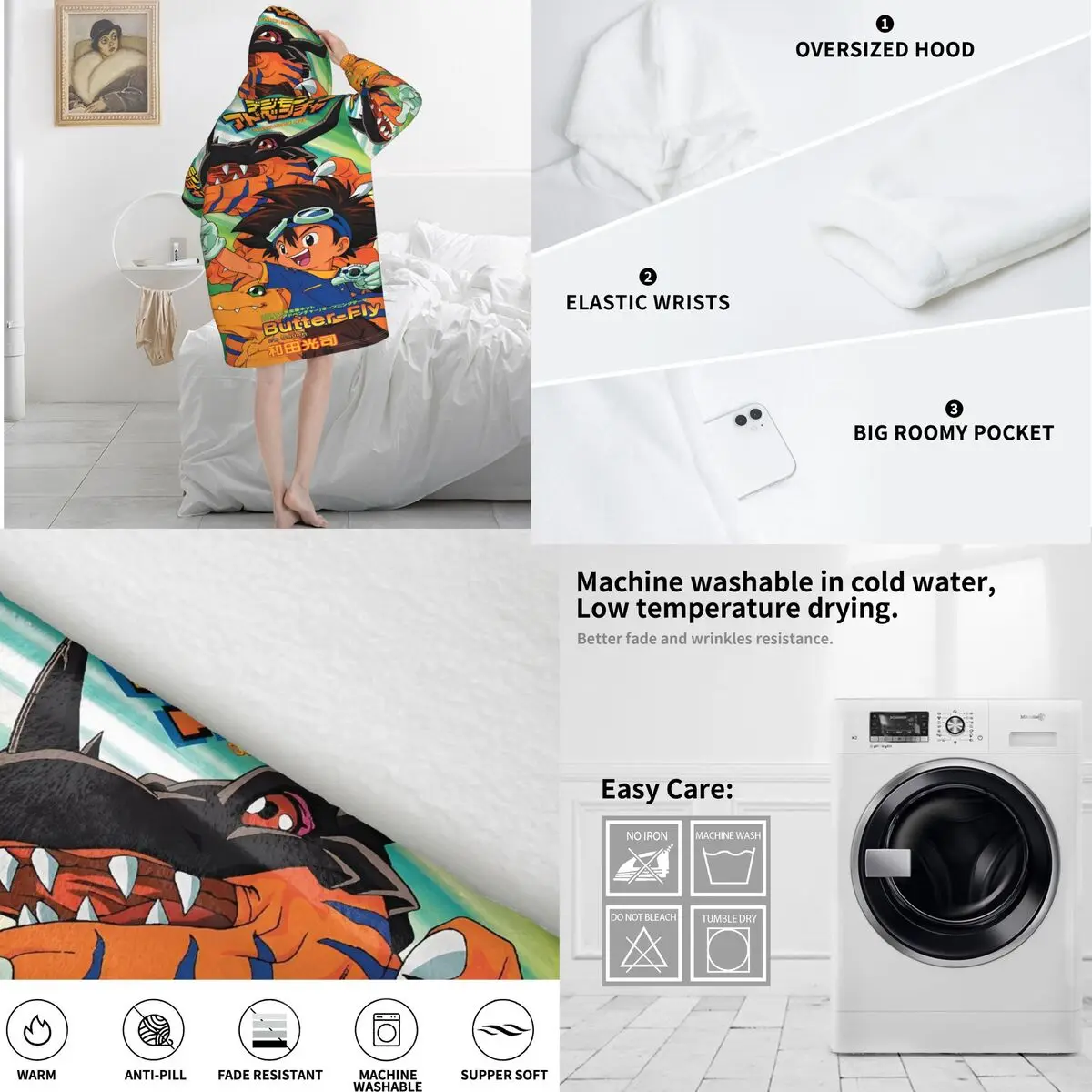 Digital Monster Digimon Wearable Deken Hoodie voor Dames Heren Oversized Sweatshirt Deken met Zak