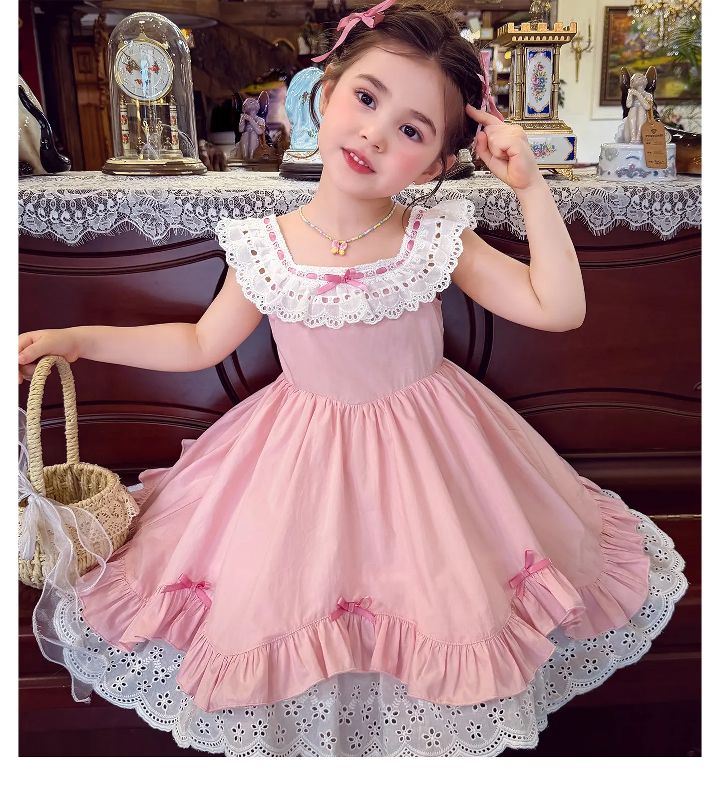 Süßes Kleinkind-Mädchen Rosa Lolita Sommerkleid mit Spitze, Schleife und Rüschen, Mehrlagiges Kleid für Alltag, Urlaub und Fotografie – Detail 11