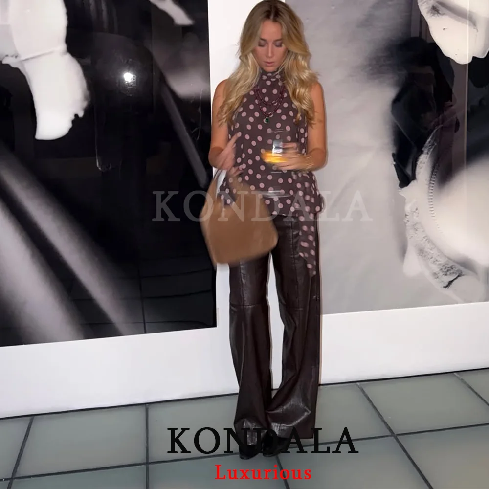 KONDALA بلوزات نسائية مثيرة أنيقة مطبوعة بنقاط رسن بدون ظهر قصيرة من الشيفون موضة 2025 قطع علوية أنيقة للحفلات والعطلات Y2K للفتيات