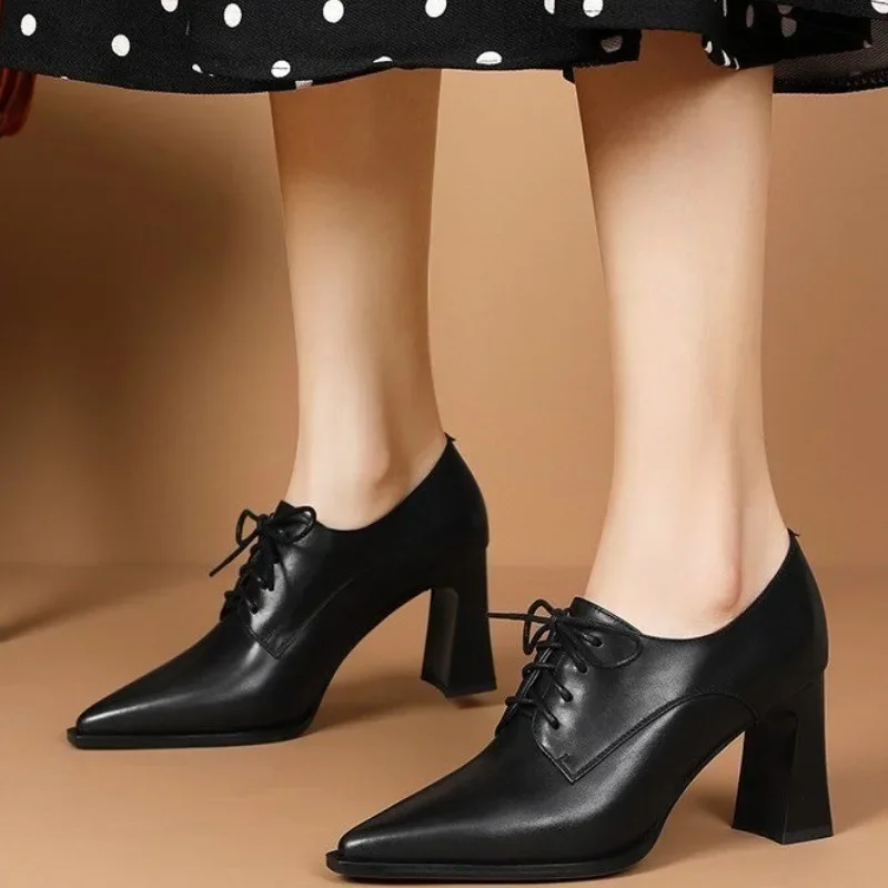 Ladies Shoes 2024 New Lace Up Women's Pumps Autumn Pointed Toe Solid Outdoor Chunky Heels Profession Shoes Zapatos De Mujer