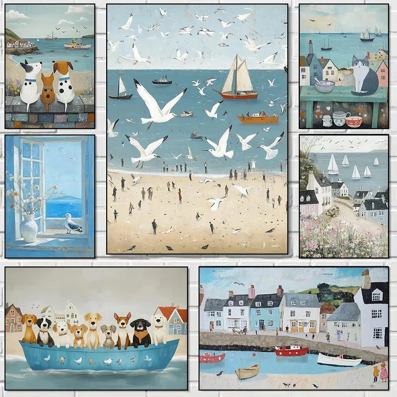 Summer Ocean Seagulls Cats and Dogs Poster Print Canvas Art Pictures Home for Living Room Bedroom Wall Decor Frameless Painti