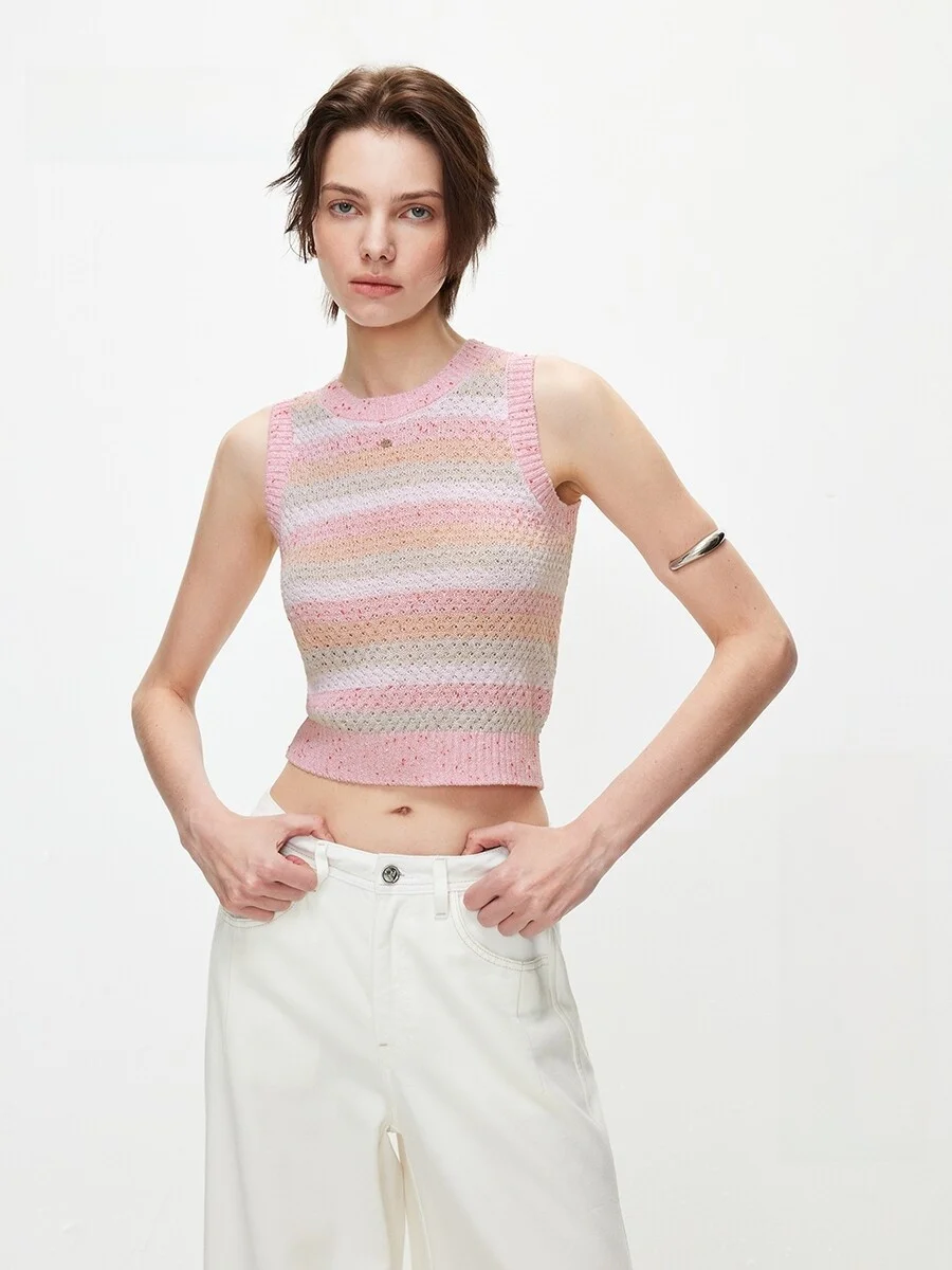 

Весна 2026: Модный вязаный жилет с цветными полосками и вырезами, круглый вырез, без рукавов, для женщин