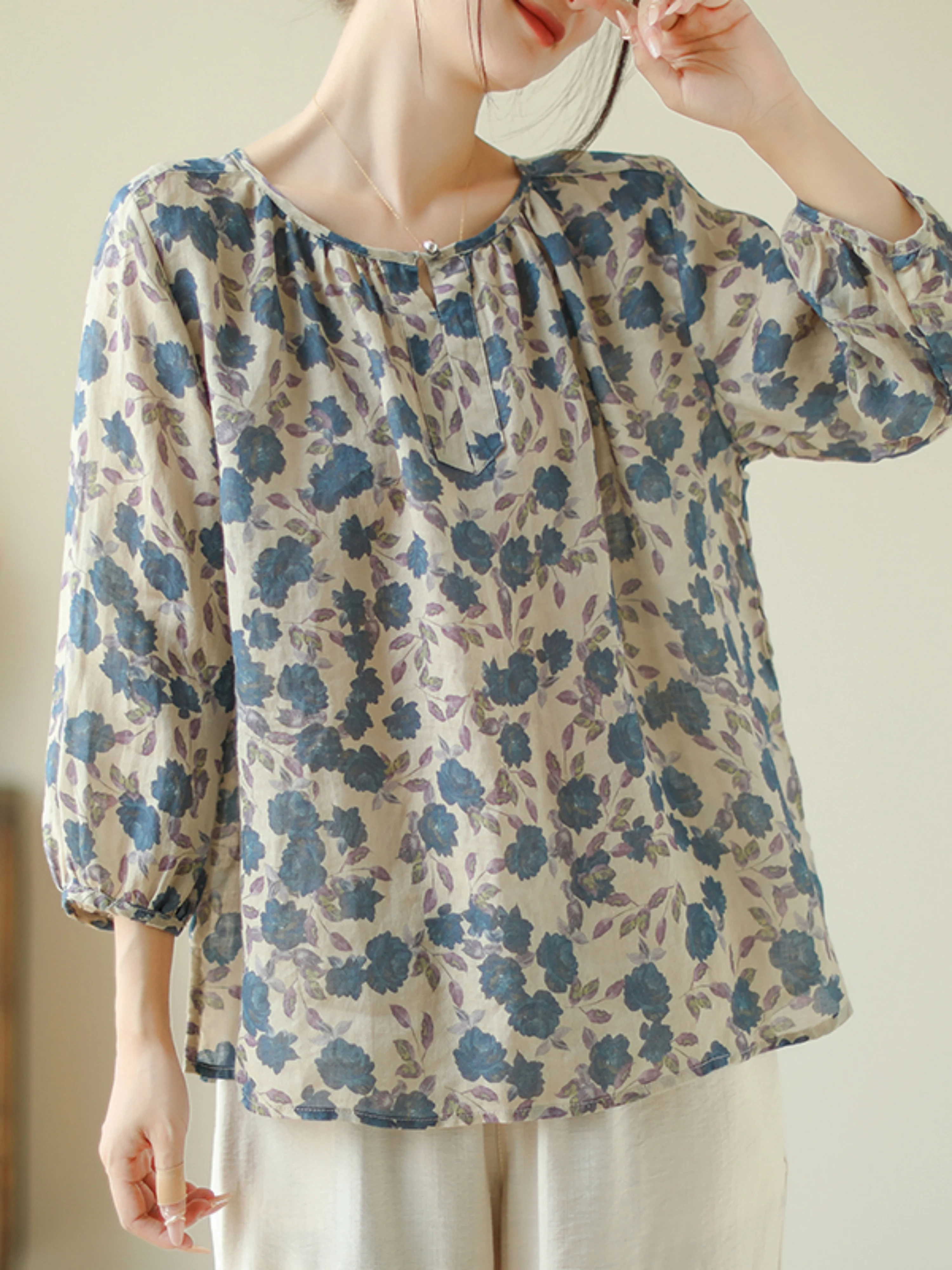 Real Shot Babydoll Shirt Women's Loose Shirt Printed Sweet Literary Early Autumn New Mozi Light Shirt