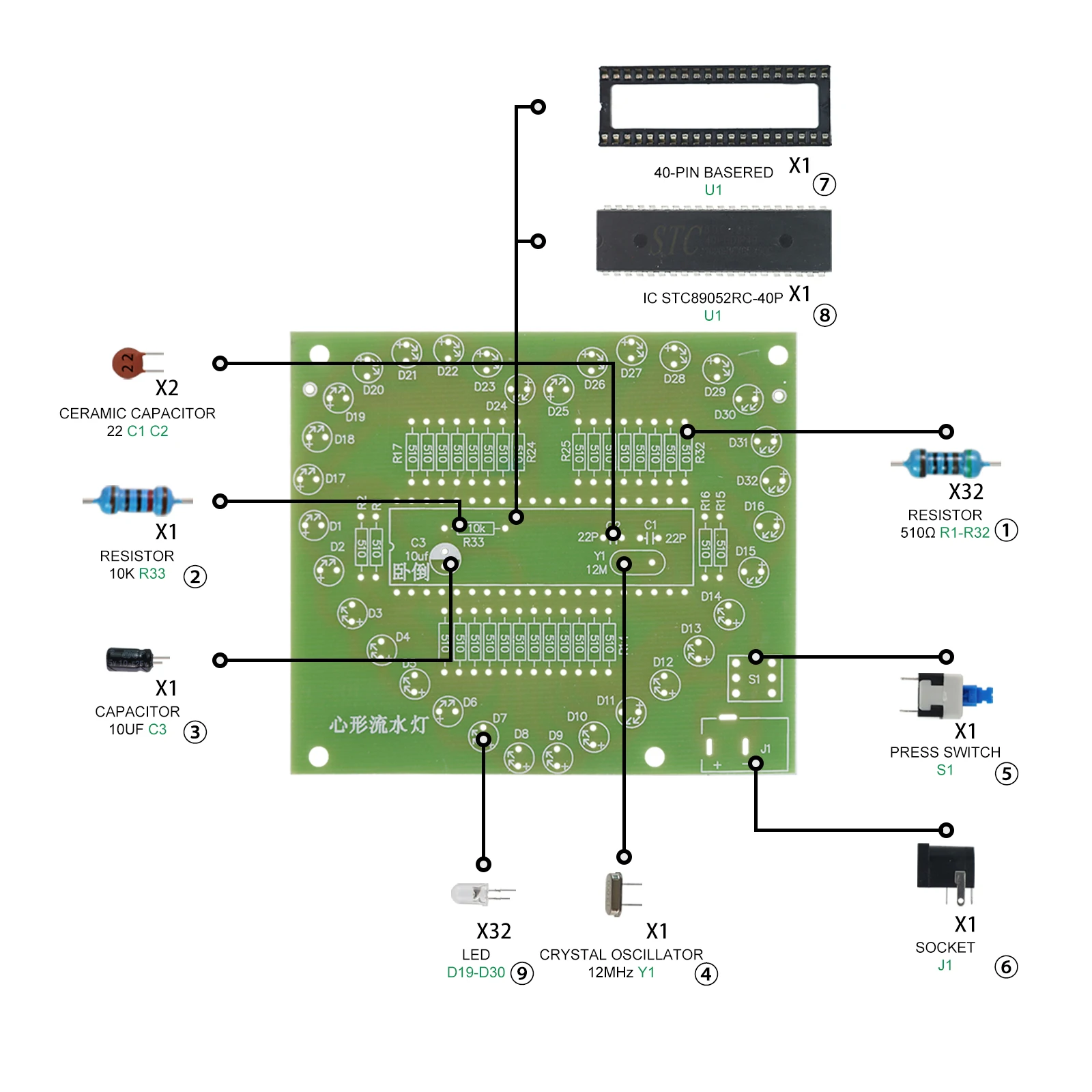 Arduinoの心の形をした電子キット,カラフルなまぶしさのあるLED,rgbモジュール,loveウォーターライト,stc89c52,51,シングルチップ,マイクロ,コンピューター