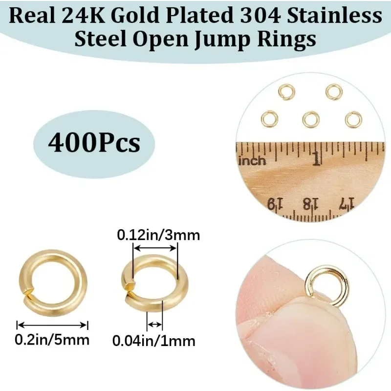 400Pcs 5mm Open Jump Rings 24K Gold Plated Stainless Steel Single Loop Small Circle Frames Key Chain Links Connector Rings