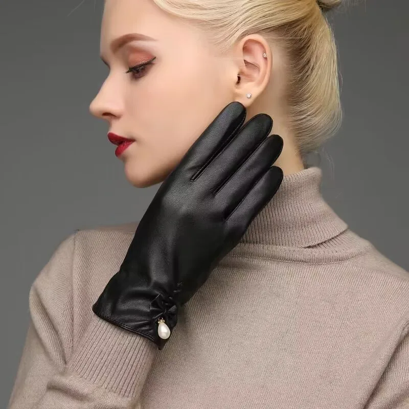 Guantes de cuero de invierno con perlas Retro Para pantalla táctil, elegantes y cálidos, a prueba de viento y frío, para mujer