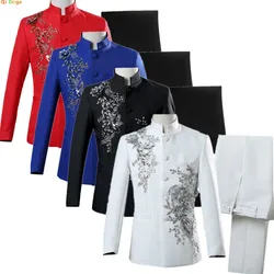 Men's White Standing Lapel Suit Two-Piece, Chinese Style Long Sleeve Jacket with Trousers, Blue Red Black Optional, Asian Size