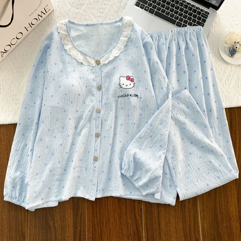 Sanrio Hello Kitty Pajama Women Pyjama Spring Nightgown Long Sleeve Pant Sleepwear Kawaii Pijama Cloud Cotton Home Clothes Set