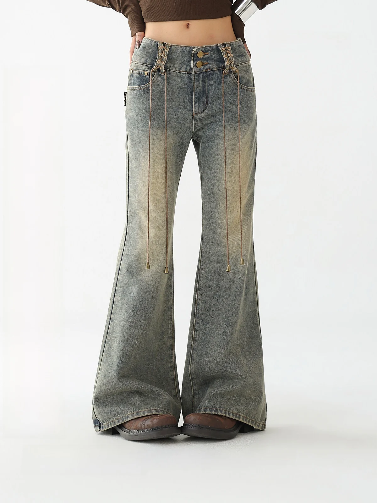 

AceStudios, осенние джинсовые джинсы Bell Bot, женские облегающие винтажные повседневные джинсы из смеси хлопка с поясом и высокой талией