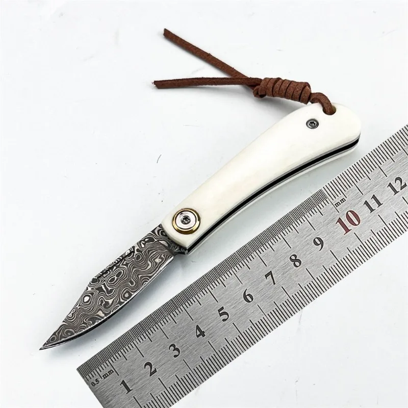 New Portable Ox Bone Handle Outdoor Folding Pocket Knife Damascus Steel Blade Hunting Survival Fruit Knives EDC Tools