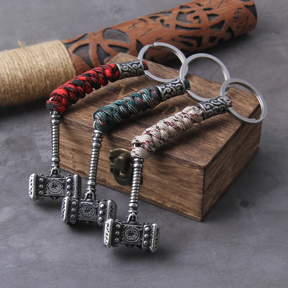 Vikings Thors Hammer Survival Rope Keychain Men's Stainless Steel Anchor Knife Pendant Paracord Keyring Handmade Norse Jewelry