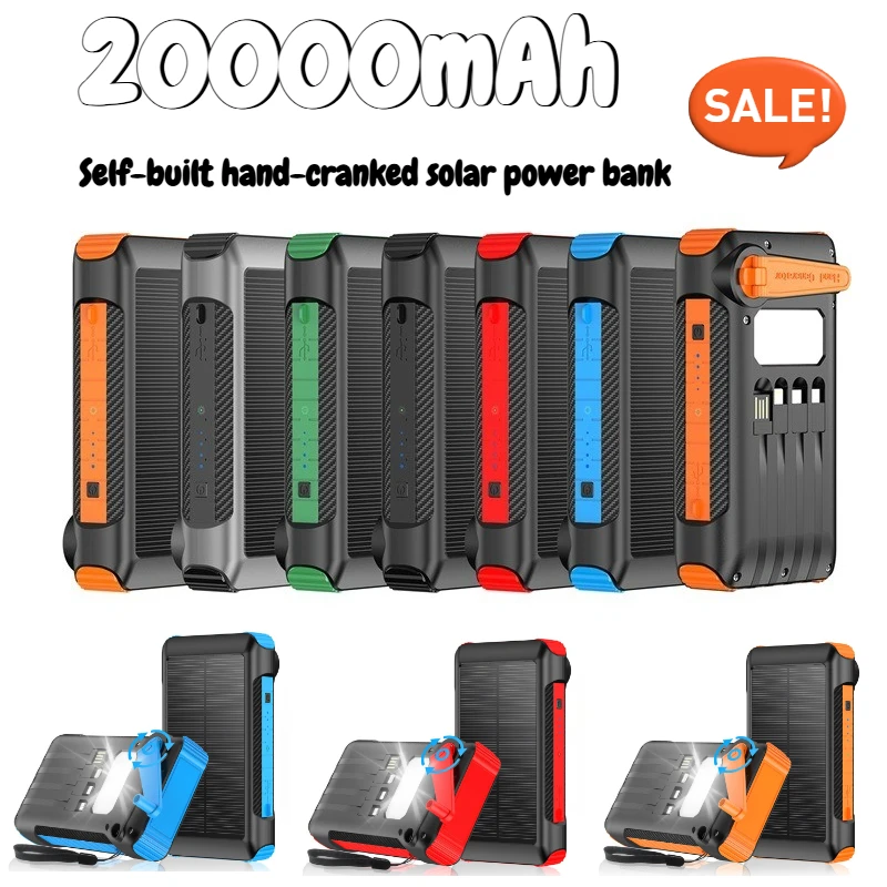 

Солнечная рукоятка Power Bank 20000 мАч для кемпинга на открытом воздухе, большая емкость, быстрая зарядка с кабелем питания для IPhone Samsung