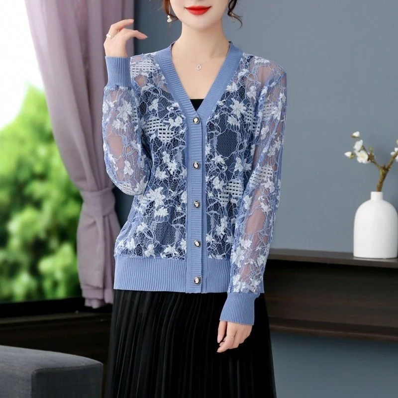 Summer 2026 Thin Lace Knitted Cardigan Shawl Jacket Air Conditioning Shirt for Women V-neck Hollowed Out Sunscreen Coat Top