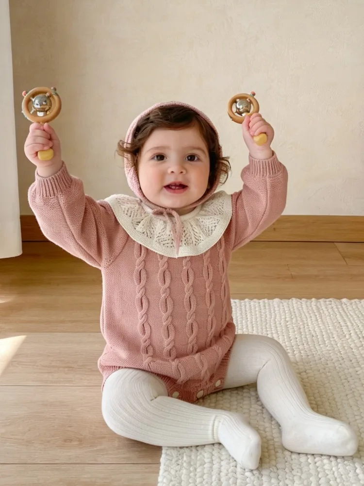 Spring Autumn Cute Girl Baby Sweet Lotus Leaf Collar Bag fart Clothes Color blocked Knit Cotton Yarn jumpsuit Climbing Clothes