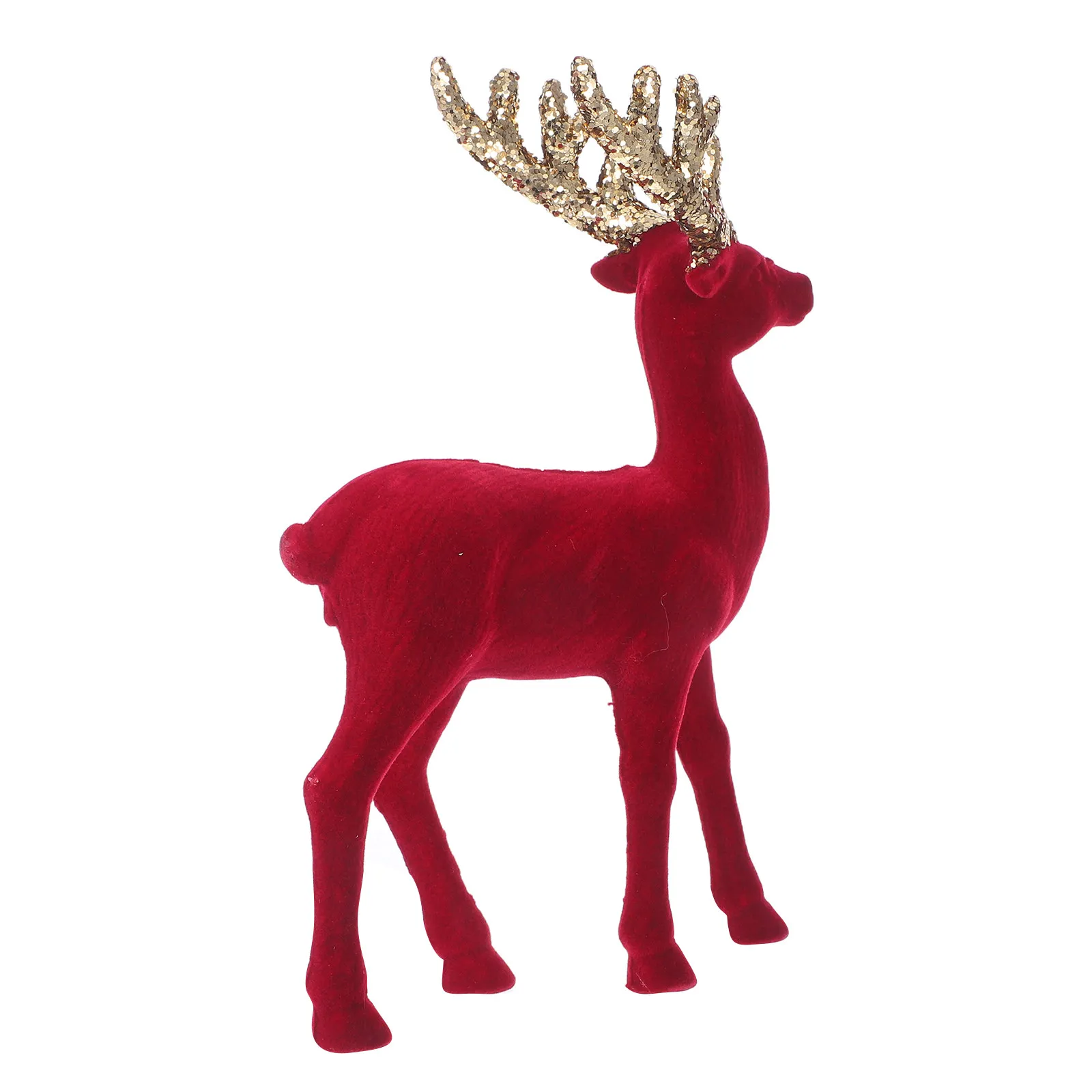 Red Glitter Reindeer Statue Flocked Texture Elegant Holiday Table Decor Christmas Mantle Centerpiece Winter Theme Decoration