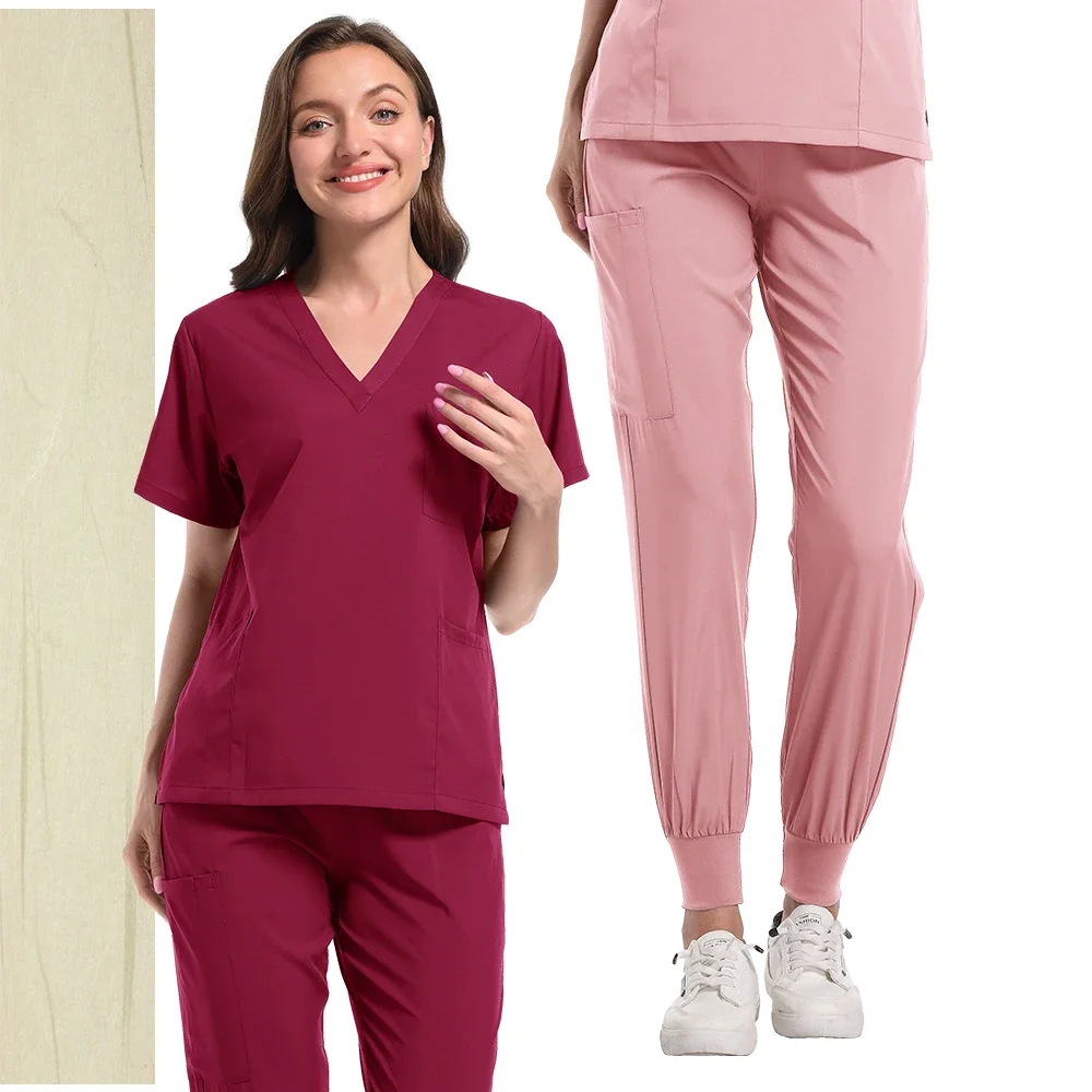 Nuovo Scrub Set Uniformi mediche Scrub elasticizzato Top con pantaloni tascabili Uniforme da infermiera Tuta da medico per chirurgia Abbigliamento da lavoro per salone di bellezza