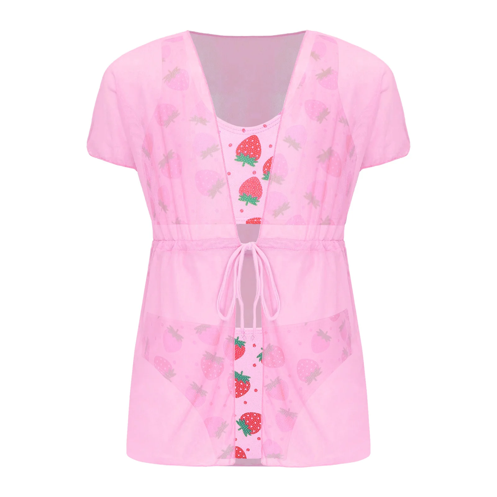 

3 шт., милый детский купальник для девочек, сетчатая пляжная одежда с поясом и клубничным принтом, летний солнцезащитный купальник, жилет, топ, трусы, комплект накидок