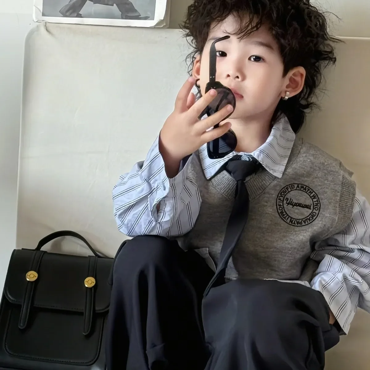 90-150 سنتيمتر الأطفال كلية نمط مجموعة الربيع والخريف 2026 نمط جديد الأولاد الأزرق قميص سترة سراويل تقليدية ثلاث قطع مجموعة #4