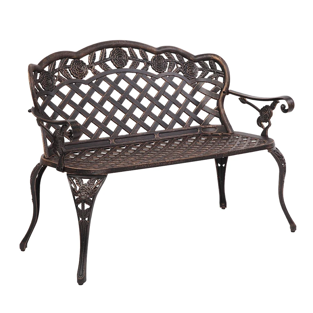 42.5inch Outdoor Patio Porch Garden Chair Cast Aluminum Leisure Rose Couple Bench Easy to Clean 108x60x83CM Bronze[US-Stock]