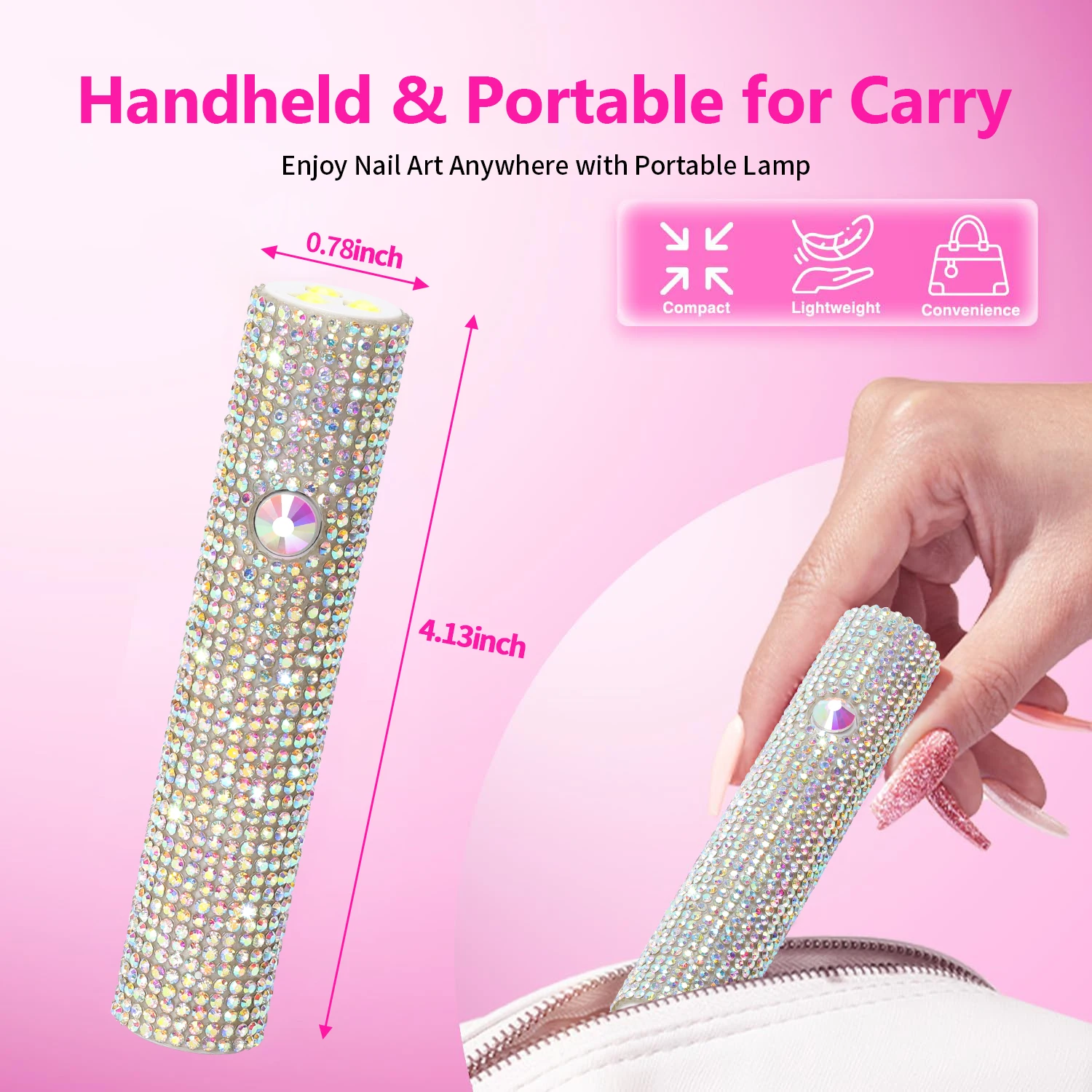 Lampe à ongles UV portative en strass, réglage à 2 minuteries (20s/60s), batterie de 250 mAh pour une utilisation en 15 jours, sèche-ongles en gel rechargeable portable