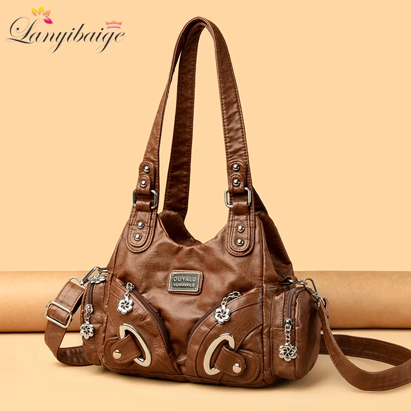 Women Casual Multiple Pockets Tote Bag Lady Large Capacity Shoulder Crossbody Bag for Women Vintage Soft Leather Travel Bag Sac